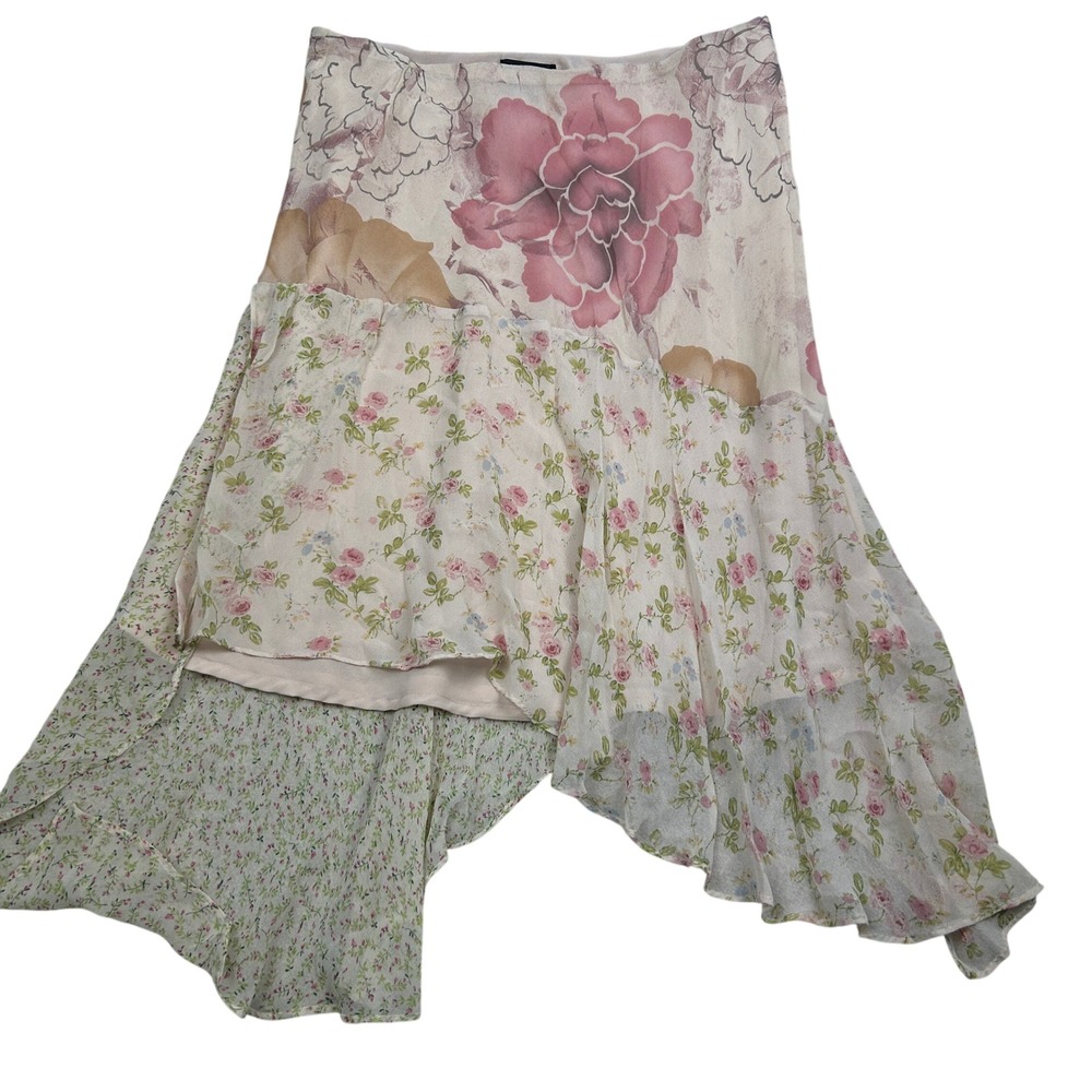 Express 100% Silk Floral Midi Skirt Womens M Pink Fairycore Y2K Handkerchief